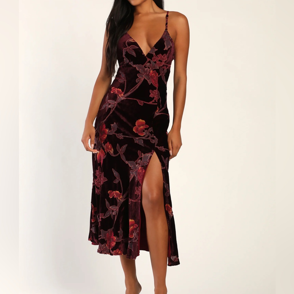 Lulu's Nwt Burgundy Midi Dress Floral Velvet Burnout Fall Wedding Slit Fitted Xs